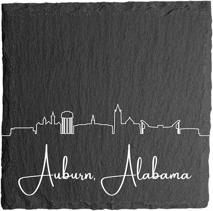 Blue Ridge Mountain Gifts - Auburn AL Skyline Coasters, Set of 4 - Auburn Alabama Souvenir, Slate Coasters with Minimal Skyline, Housewarming Gift for Friends, Family, & Neighbors