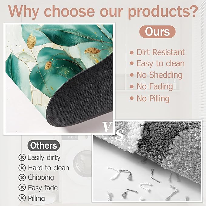 Eucalyptus Gree Bathroom Rugs,Bath Mats for Bathroom,Gold Foil Low Pile Absorbent Bath Mat,Rubber Backing Non Slip Washable Thin Quick Dry Door Mat 17x29.5 Inch