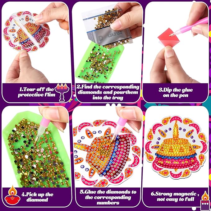 Copkim 30 Pcs Diwali Diamond Art Magnets Kits DIY Happy Diwali Festival Diamond Painting Fridge Magnetic Stickers Gem Art Magnets for Indian Holiday Party Decor Home