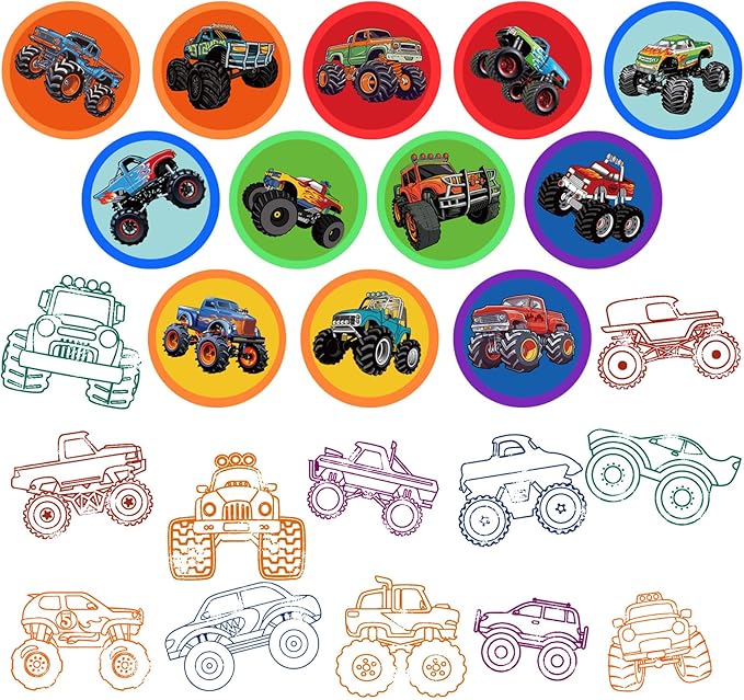 Cinrobiye 24 PCS Monster Truck Party Stampers，Truck & Car Birthday Favors, Hot Wheels Party Supplies, Classroom Rewards, Carnival Prizes, Goodie Bag & Pinata Fillers for Boys Girls