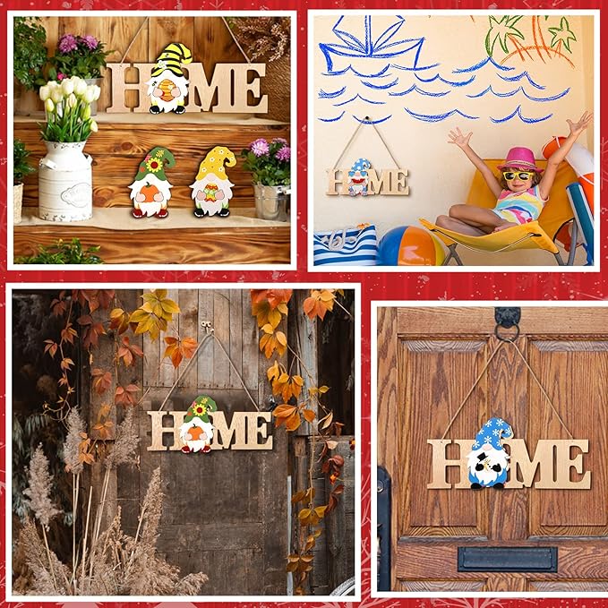 Yookeer 13 Pcs Interchangeable Gnome Home Sign Wood 3D Christmas Winter Seasonal Door Decor Rustic Farmhouse Home Decoration for Holiday Wall Decor Gift(Wood Color)
