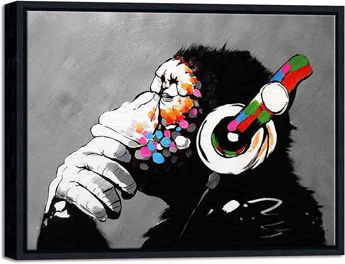 Wieco Art Black Framed Monkey With Headphones Banksy Graffiti Art Abstract Canvas Paintings Prints Animal Canvas Wall Art for Wall Decor and Home decorations Office Decor