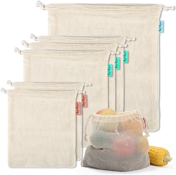 KerKoor Reusable Cotton Mesh Produce Bags - Produce Storage, Vegetable & Fruit Bags (6 Pack)