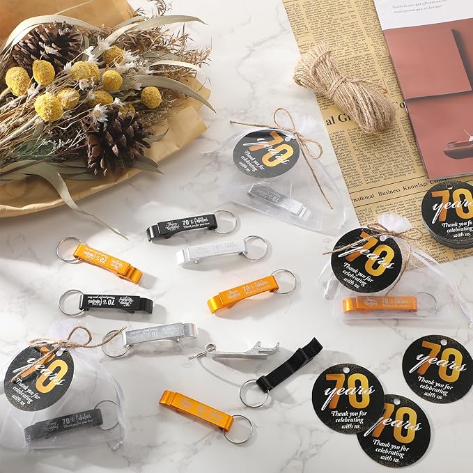 Dandat 54 Sets 70th Birthday Party Favors for Guests Birthday Beer Opener Keychain Cheers to 70 Bottle Opener Keychain with Thank You Cards and Gift Bags for Anniversary Wedding Party Favors