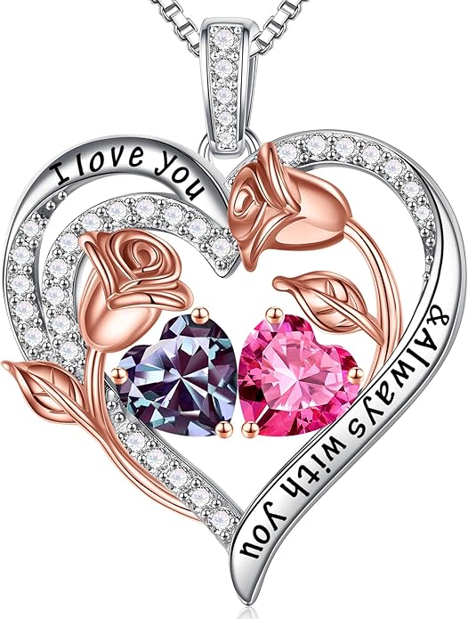 Iefil Valentines Day Gifts for Her - 925 Sterling Silver Rose Heart Birthstone Necklace Birthday Anniversary Jewelry Gifts for Her Wife Mom Daughter