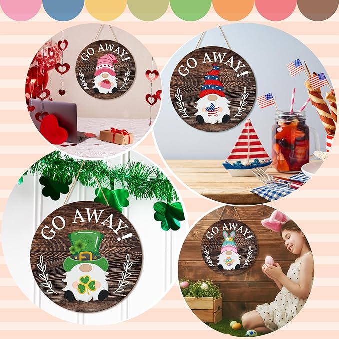 Easter Seasonal Gnome Wall Decor Set, 11.8 inch Wooden Round Sign with Interchangeable Holiday Hats, Go Away Door Hanging (Attractive)
