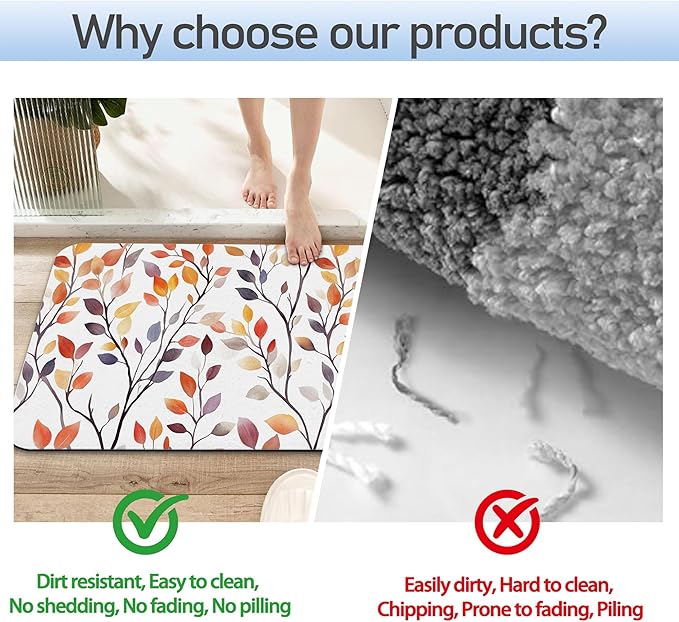 Autumn Leaves Bathroom Rug 29.5"x17", Super Absorbent Fast Drying Bath Mat with Non-Slip Rubber Backing, Thin Low-Profile Easy-Clean Bathroom Floor Mat for Shower or Tub