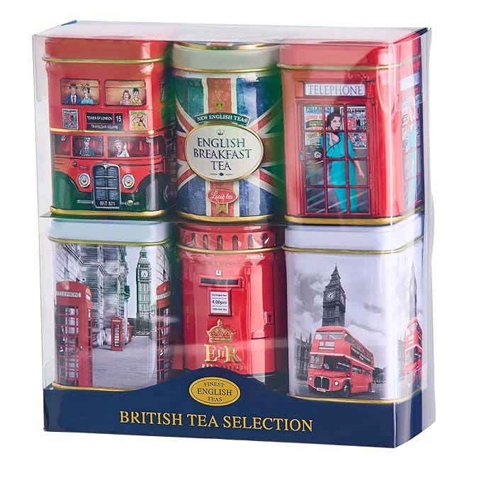 New English Teas British Icons 6x Tea Tin Gift Pack with 5 oz Loose English Tea - Union Jack, London Bus and Phone Box, UK Souvenir