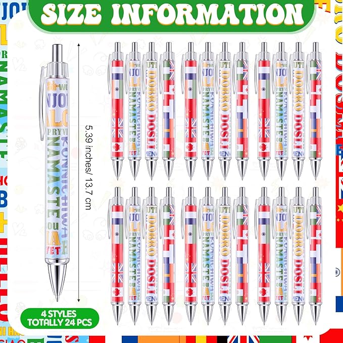 Treela 24 Pcs International Flag Pens World Country Flag Ballpoint Pens Retractable for International Sports Events Party Favors School Office Supplies