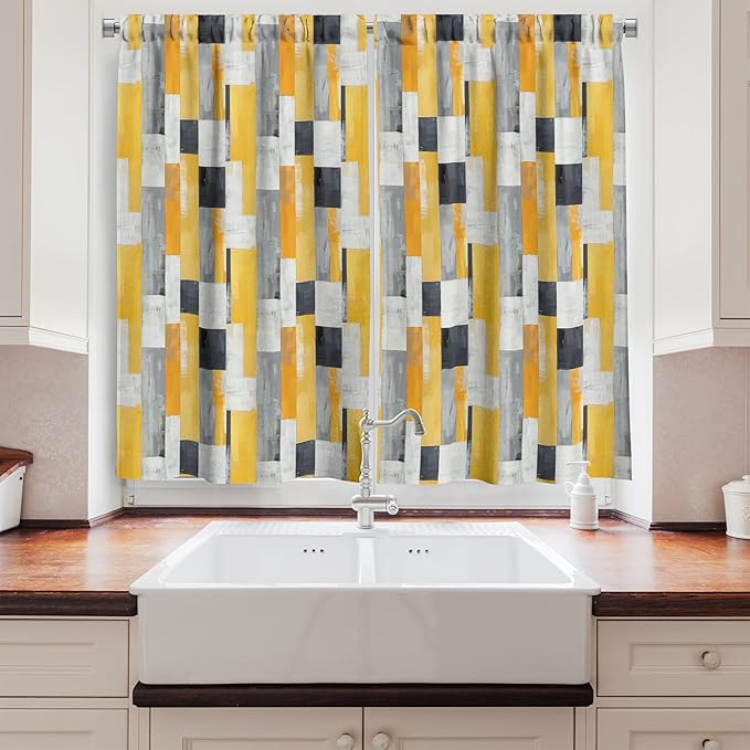 Ambesonne Abstract Kitchen Curtains, Contemporary Watercolor Brushstroke Print Parallel Geometric Shapes, Window Drapes 2 Panel Set for Kitchen Cafe Decor, 55" x 24", Amber White Charcoal Grey