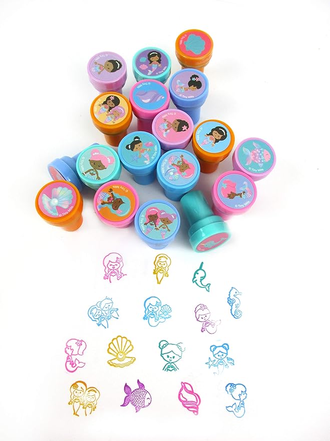 TINYMILLS 24 Pcs Rainbow Mermaid Stampers for Kids Birthday Party Goody Bag Filler Pinata Filler Mermaid Party Supplies Classroom Rewards Carnival Giveaways
