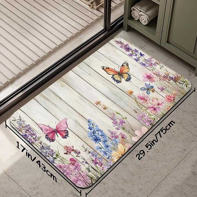 Bathroom Rug 29.5"x17",Wood Board Butterfly Flowers Super Absorbent Fast Drying Bath Mat with Non-Slip Rubber Backing, Thin Low-Profile Easy-Clean Bathroom Floor Mat for Shower or Tub