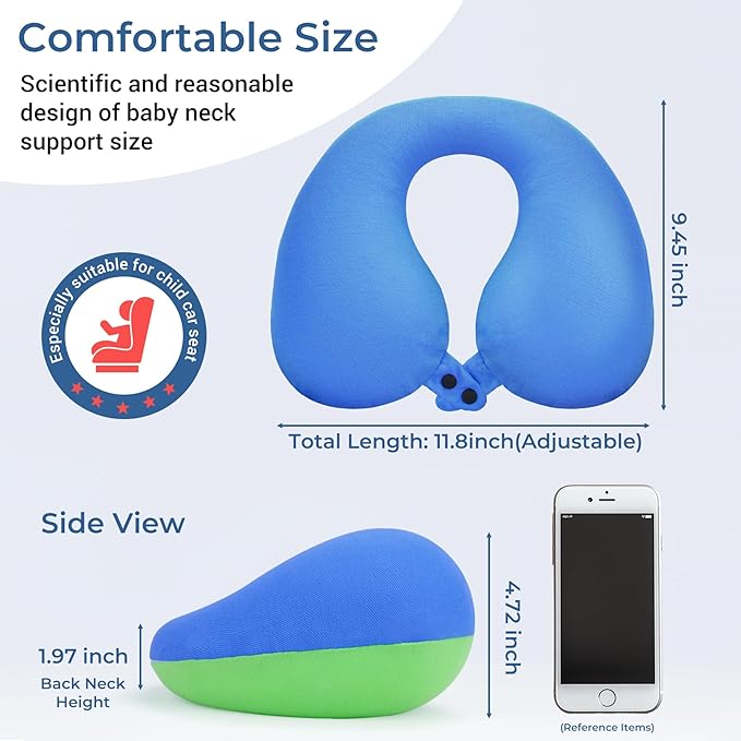 COOLBEBE Kids Travel Neck Pillow, Softly Double Support Neck Pillow for Car & Airplane, Traveling Gifts for Toddler & Children (1, Bluish Green)