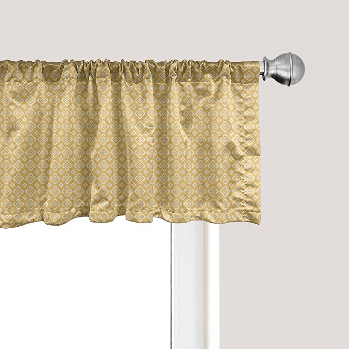 Ambesonne Vintage Yellow Window Valance Pack of 2, Traditional Floral Motifs Medieval Abstract Botany Themed Antique Design, Rod Pocket Curtain Valances for Kitchen Bedroom, 42" X 12", Marigold White