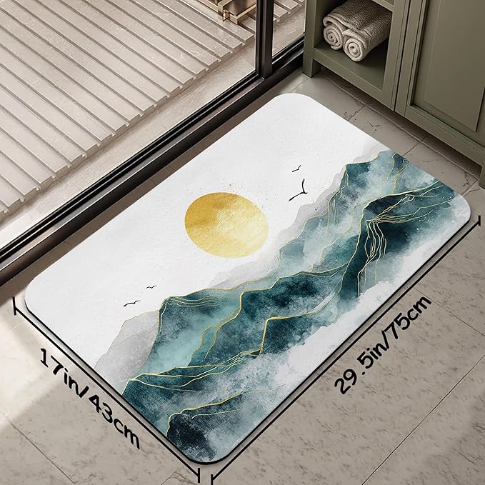Mountain with Sun Fast Drying Absorbent Bathroom Mat, Non-Slip Rubber Backing Thin Low-Profile Bath Rug, Easy-Clean Bathroom Floor Mat for Shower, Bathtub, Kitchen, or Entryway