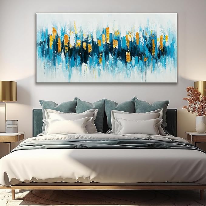 Suconvng Abstract Wall Art Canvas Art Wall Decor For Living Room Decorations Large Blue And Gold Abstract Wall Decor White Abstract Wall Art For Home Bedroom Kitchen Office Artwork 29x58 Inch