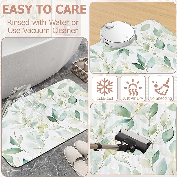 Eucalyptus Leaves Bathroom Rugs,Bath Mats for Bathroom,Sage Green Leaf Low Pile Absorbent Bath Mat,Rubber Backing Non Slip Washable Thin Quick Dry Door Mat 17x29.5 Inch