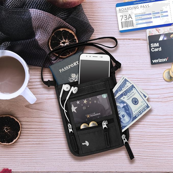 WALNEW Passport Holder Neck Pouch Travel Wallet for Women and Men, RFID Blocking Security Slim Traveling Wallet with Around Neck Lanyard Strap