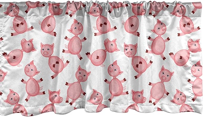 Ambesonne Pig Window Valance, Cartoon Sitting and Smiling Pigs Pattern Farmer Domestic Animal Concept, Curtain Valance for Kitchen Bedroom Decor with Rod Pocket, 54" X 12", Pale Pink White