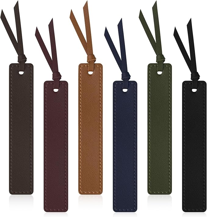 6 Pcs Leather Bookmark with Tassel, Classic Style Bookmark, 0.05 Inches Thin Handmade Stitched Bookmarks for Men, Book Marks for Reading, Gifts for Book Lovers, Readers (Dark Retro)