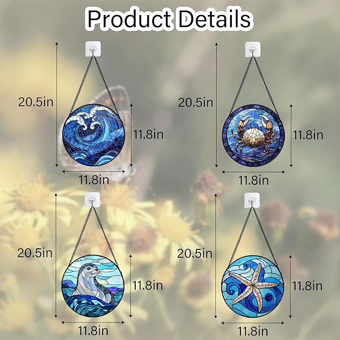 Stained Glass Window Hanging 4 Pcs Set Blue Ocean Waves Large 11.8" - Starfish Crab Seal Suncatcher Door Garden Sun Catcher Decor Birthday for Mom Woman Nana Men Friend