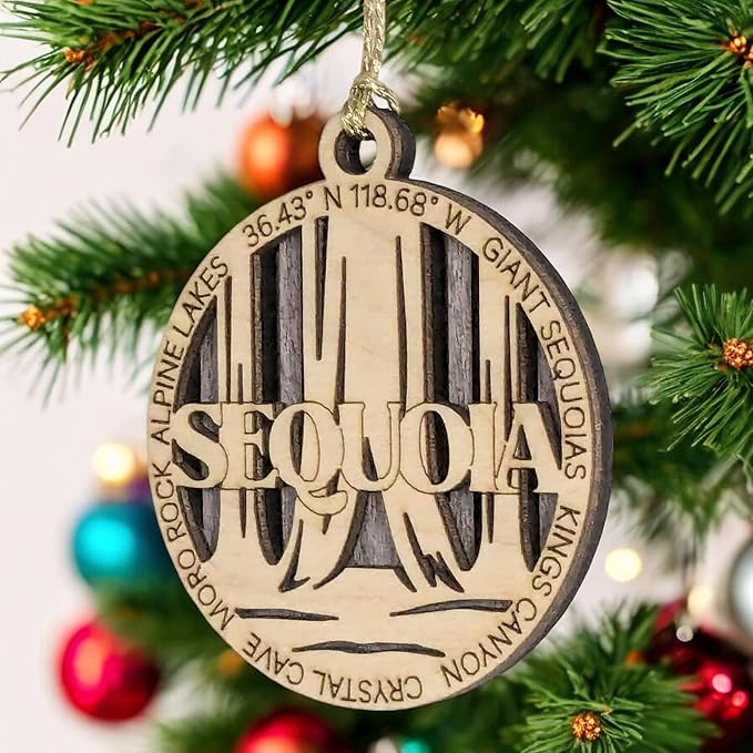 Sequoia National Park Rustic 3" Wood Ornament - Handmade in USA, Laser Cut Christmas Decoration with Forest Scene