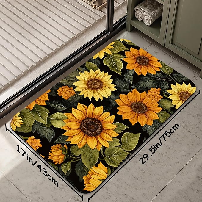 Retro Sunflowers Fast Drying Absorbent Bathroom Mat, Non-Slip Rubber Backing Thin Low-Profile Bath Rug, Easy-Clean Bathroom Floor Mat for Shower, Bathtub, Kitchen, or Entryway