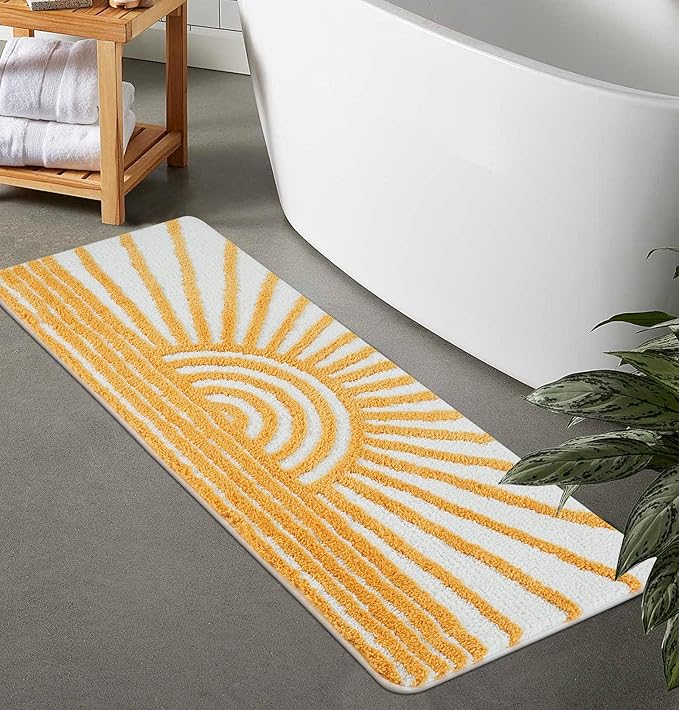 Uphome Boho Bathroom Runner Yellow and White Sun Long Bathroom Rugs Non Slip Water Absorbent Microfiber Bath Mat Modern Minimalism Machine Washable Bath Rugs for Bathtub Sink Shower, 18x47 inch