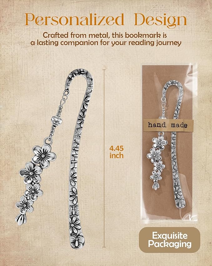 Buleens Bookmarks for Women Reading - Book Marks for Readers Book Lovers, Silver Feather Cherry Flower Personalized Metal Bookmark with Pendants, Pretty and Aesthetic Book Accessories Reading Gifts
