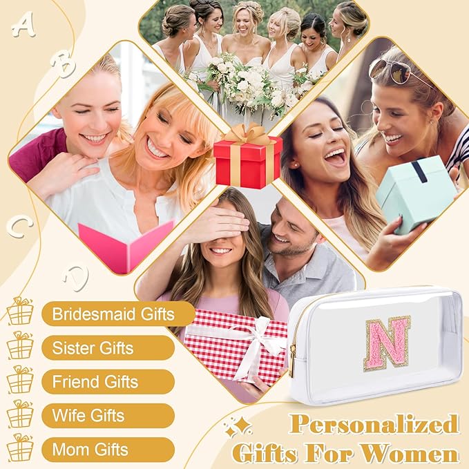 Personalized Initial Letter Clear Makeup Bag,Preppy Small Nylon&PVC Cosmetic Zipper Bag with Chenille Letter,Travel Skincare Toiletry Bag,Monogram Christmas Gift for Teen Girls Women,N