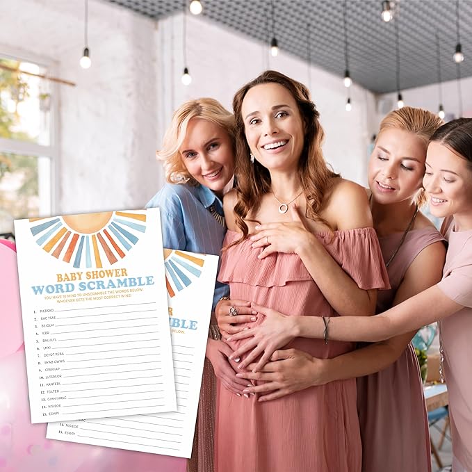 Retro Sunshine Word Scramble Baby Shower Game Kit - Here Comes The Sun - 30 Fill in Game Cards & 1 Answer Card for Baby Shower, Gender Reveal Party Favor, Activity & Supplies - D08