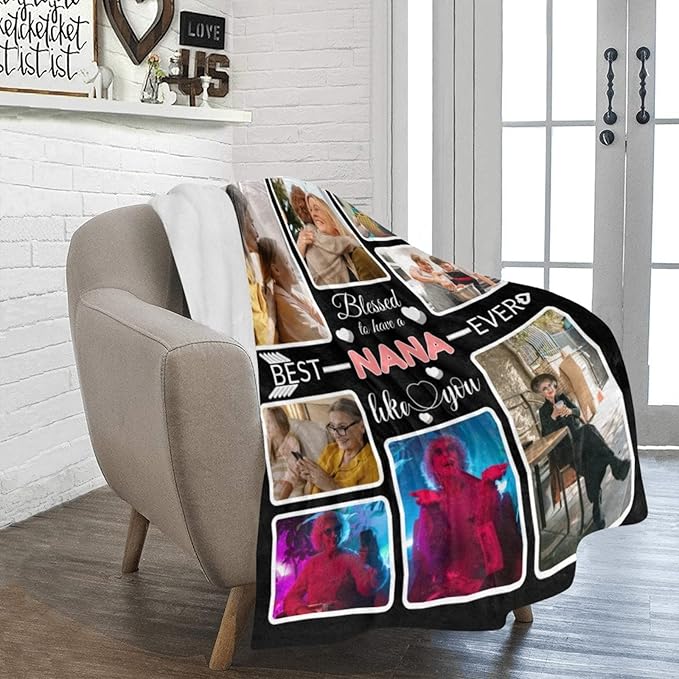 Custom Blanket Gifts for Nana, Customized Blankets with Photos, Make a Personalized Bed Throws to My Nana, Custom Souvenir Throw Blanket for Best Nana Ever, 8 Collages Made in USA