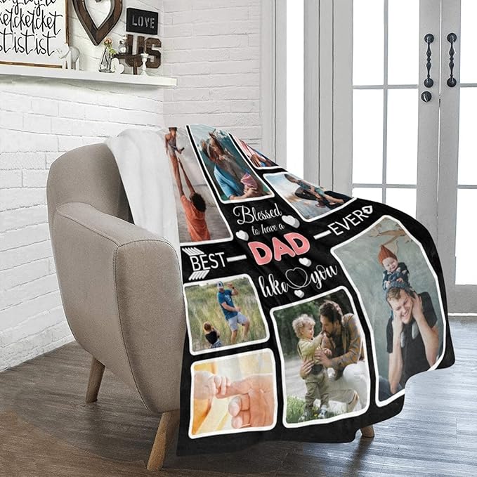 Custom Blanket Gifts for DAD, Customized Blankets with Photos, Make a Personalized Bed Throws to My DAD for Fathers Day, Custom Souvenir Throw Blanket for Best DAD Ever, 8 Collages Made In USA