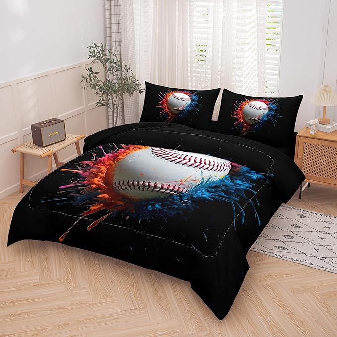Helloosun 5PCS Baseball Comforter Set Twin,Boys Twin Comforter Set,Sports Baseball Bedding Set with Sheets,Red and Blue Color Bed Set