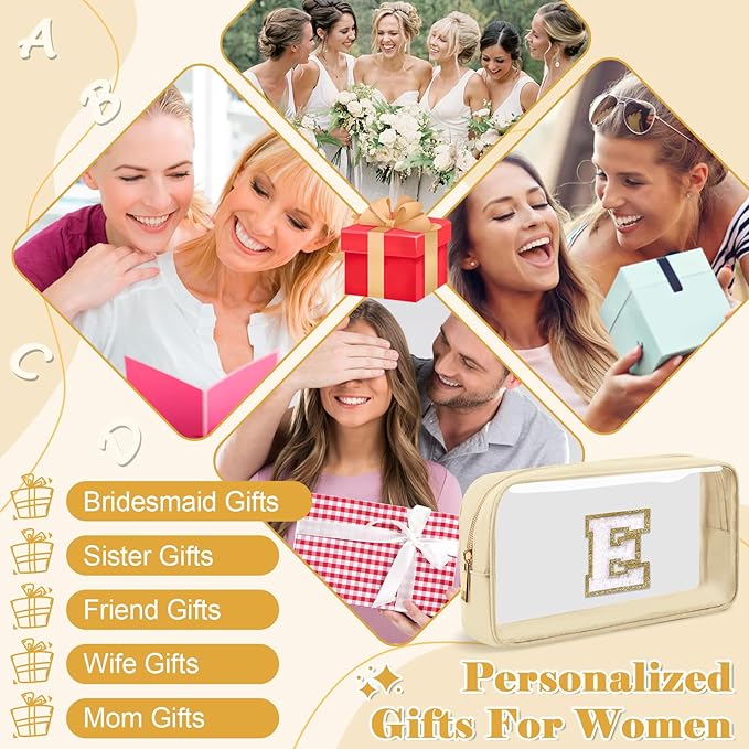Personalized Initial Letter Clear Makeup Bag,Small Nylon&PVC Cosmetic Zipper Bag with Chenille Letter,Portable Beach Travel Skincare Toiletry Bag,Trendy Monogram Gift for Teen Girls Women,E