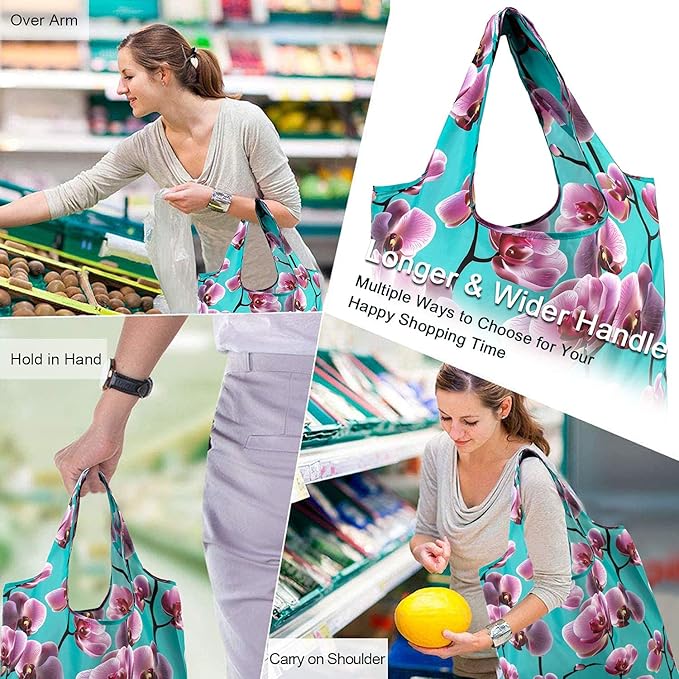 BeeGreen 12 Packs Flower Reusable Grocery Bags Reusable Tote Bags Extra Large 50LBS Cute Floral Design Foldable Reusable Bags for Women Men Lightweight Durable