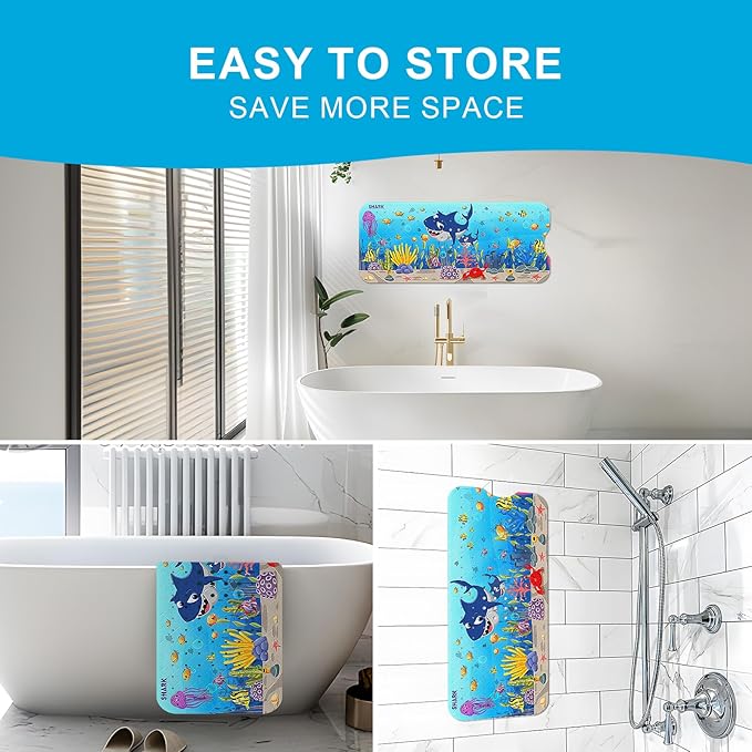XIYUNTE Baby Bath Mat for Tub Non Slip Kids Bath Mat - 40''x16'' Extra Long Cartoon Bathtub Mat Non Slip Kids Shower Mat Eco-Friendly Toddler Bath Mats with Suction Cups, Machine Washable, Shark