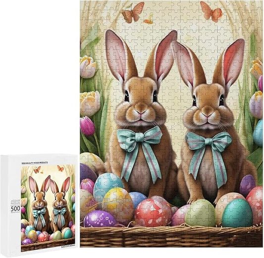 Wooden Puzzle - Easter Bunny and Eggs Jigsaw Puzzles，Wooden Puzzles for Adults 500 Pieces Challenge Puzzles，Educational Games，Family Puzzles，Unique Gifts for Wall Art