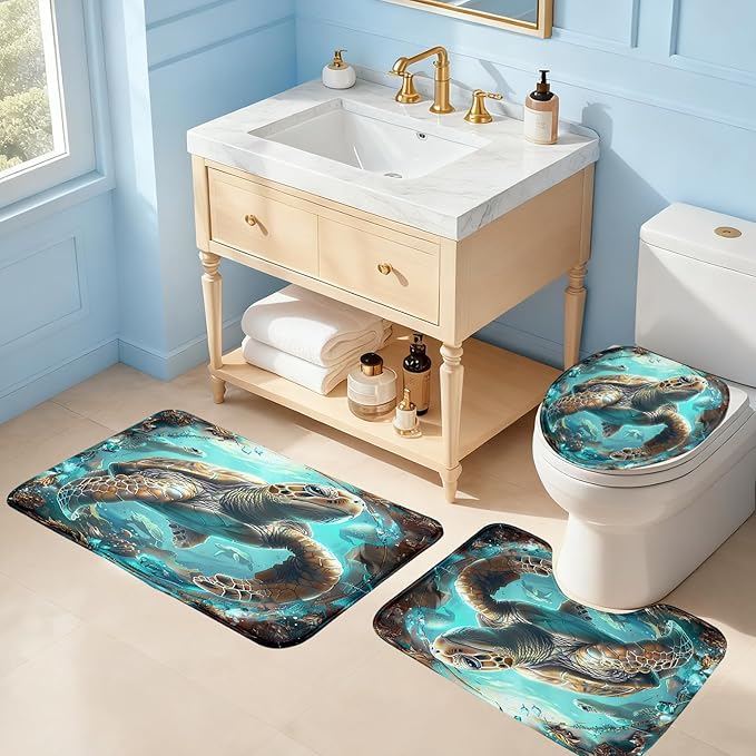 4 Pcs Ocean Shower Curtain - Sea Turtle Shower Curtain Under The Sea Curtain for Bathroom Ocean Bathroom Sets with with 12 Hooks