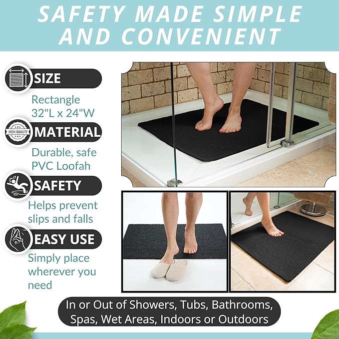 Enkosi Loofah Non-Slip Shower Mat - Shower Floors, Bathtub, Bathrooms, Wet Areas - Cushioned Bath Mat with Drain Holes - Quick Dry PVC, Secure Safety Pad Without Suction Cups (32x24 Black)