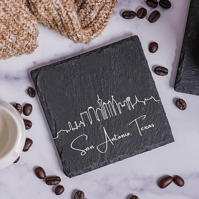 Blue Ridge Mountain Gifts - San Antonio TX Skyline Coasters, Set of 4 - San Antonio Texas Souvenir, Slate Coasters with Minimalist Skyline, Housewarming Gift for Friends, Family, & Neighbors