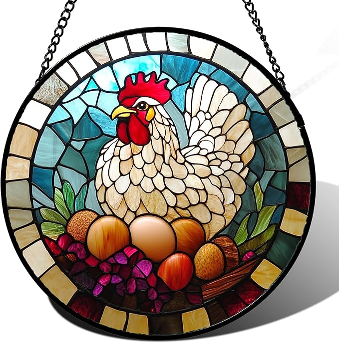 Stained Glass Window Hanging White Chicken Hatching Eggs Large 15" - Suncatcher Door Garden Sunroom Sun Catcher Home Decor Birthday Christmas for Mom Men Woman Nana