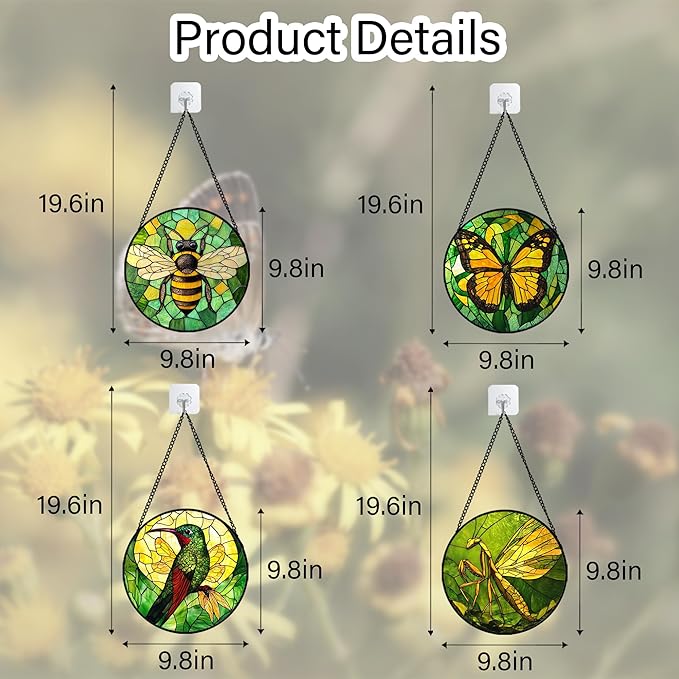 Stained Glass Window Hanging 4 Pcs Set Green Plants Yellow Insect Theme 6.3" - Suncatcher Door Garden Sun Catcher Decor Birthday Christmas for Mom Woman Nana Men