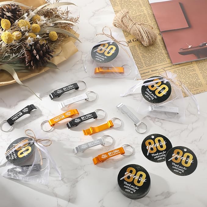 Dandat 54 Sets 80th Birthday Party Favors for Guests Birthday Beer Opener Keychain Cheers to 80 Bottle Opener Keychain with Thank You Cards and Gift Bags for Anniversary Wedding Party Favors