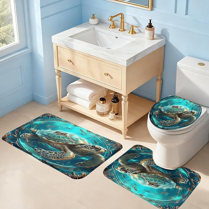Sea Turtle Shower Curtains - 4 Pcs Kids Shower Curtain Set Ocean Themed Shower Curtain Turtle Shower Curtains for Bathroom Turtle Bathroom Accessories with Rug,and Bath Mat with 12 Hooks