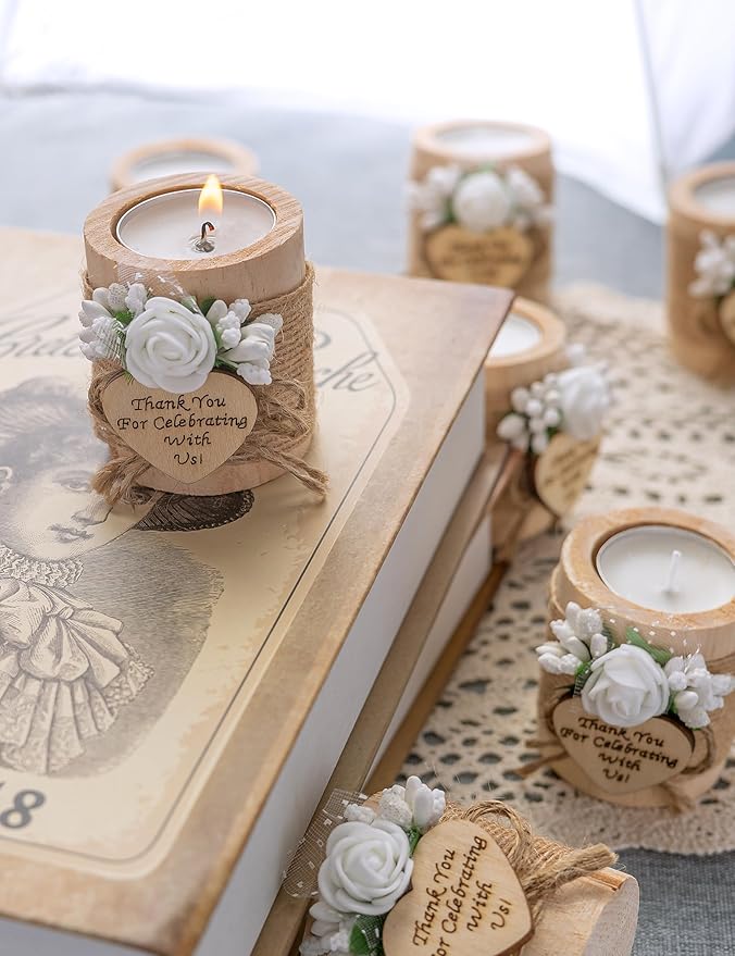 Ju's Favors 10 Piece Set of Wooden Tealight Candle Holders, Wedding Party Guest Favors, Thank You Favors, Guest Return Favors, Bridal Shower, Housewarming Gifts for Guests. (Light Brown+Rose)