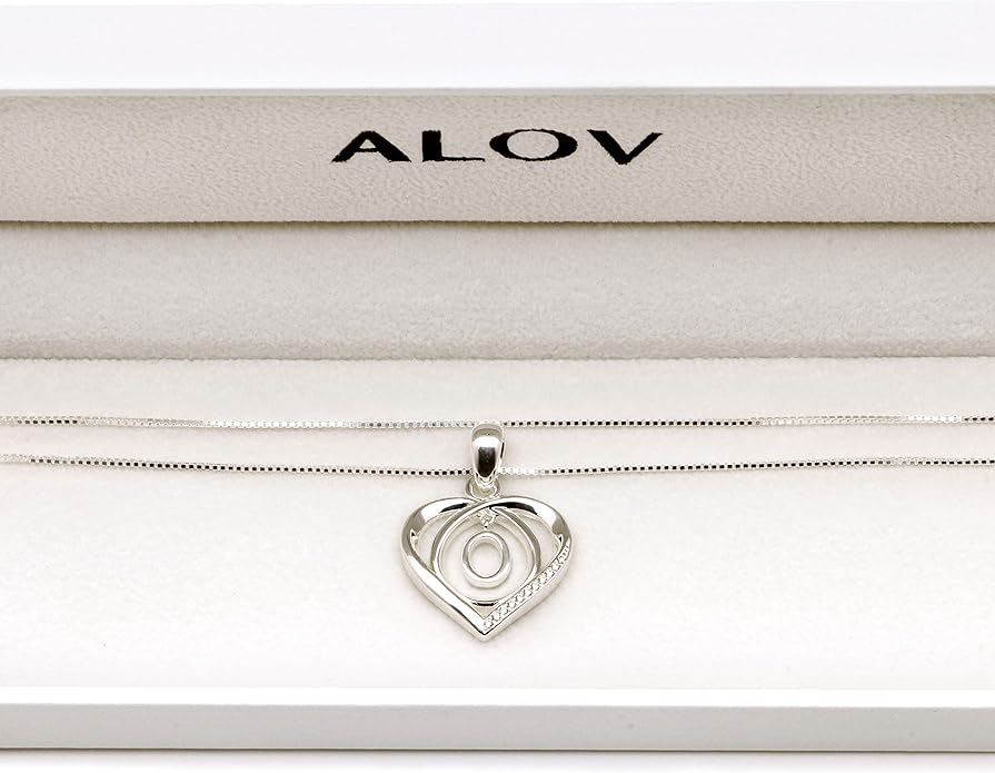 ALOV Jewelry Sterling Silver Initial Letter Alphabet Love Heart Cubic Zirconia Pendant Necklace
