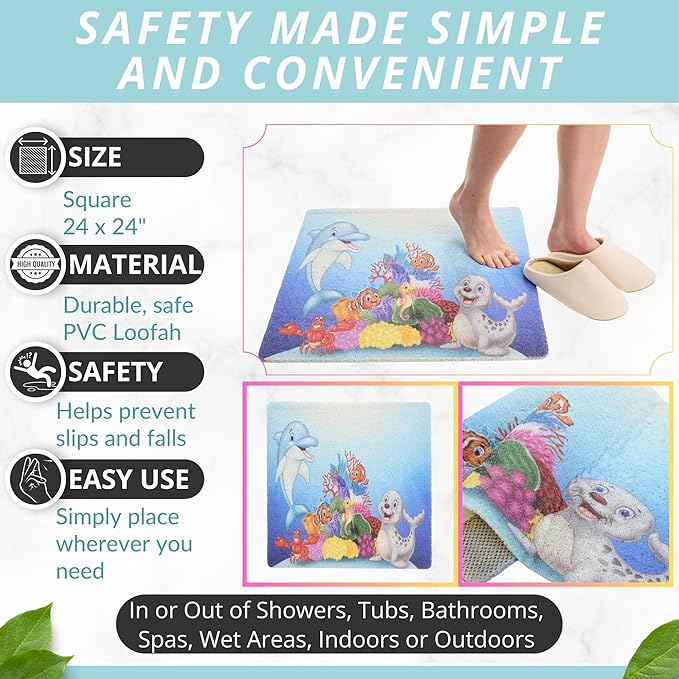 Enkosi Loofah Non-Slip Shower Mat – Square Anti-Slip Bath Mat for Kids, Tub, Bathtub & Walk-in Stalls, Cushioned PVC, Quick-Dry with Drain Holes – Bathroom Floor Safety Pad (Dolphin, 24x24)
