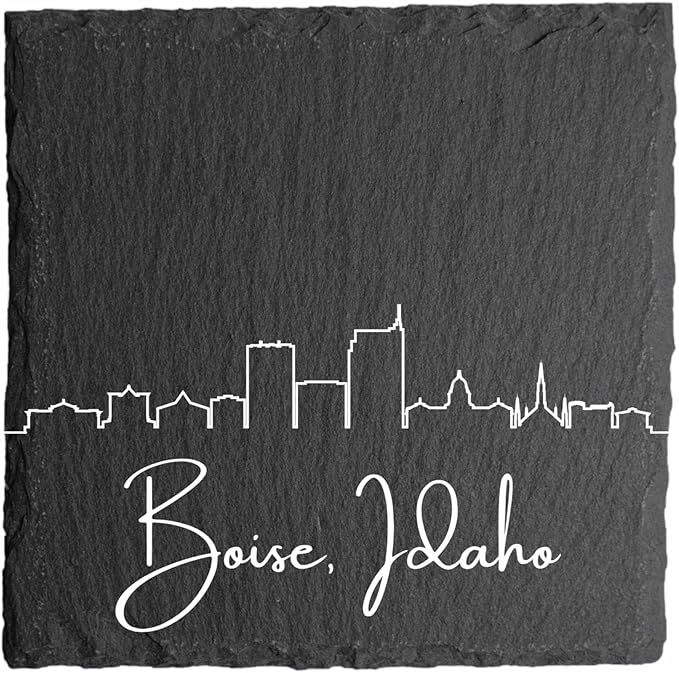 Blue Ridge Mountain Gifts - Boise ID Skyline Coasters, Set of 4 - Boise Idaho Souvenir, Slate Coasters with Minimalist Skyline, Housewarming Gift for Friends, Family, & Neighbors