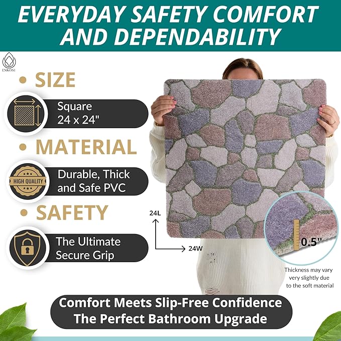 Anti Slip Shower Mat Square - Non Slip Shower Mats for Inside Shower - 24x24 Shower Floor Mat Non Slip - Square Bath Mat for Shower - Secure Loofah Shower Mat No Suction Cups (24x24 Stone Path)